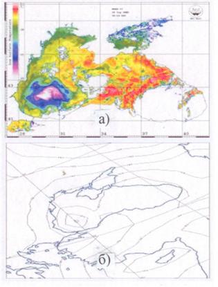 Поле температуры поверхностных вод Чёрного моря на время 19 ч. 29 сентября 2005г (а, вверху). Внизу: Схема поля атмосферного давления над Чёрным морем