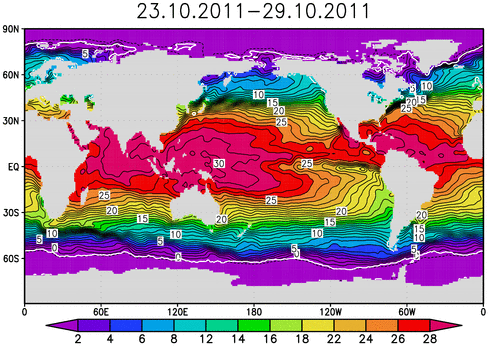 Поле средней температуры поверхности океана за неделю