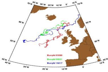 Траектории дрифтеров в Северо-Атлантическом и Норвежском течении