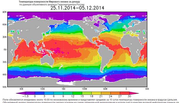 Температура в океане  в декабре 2014 года