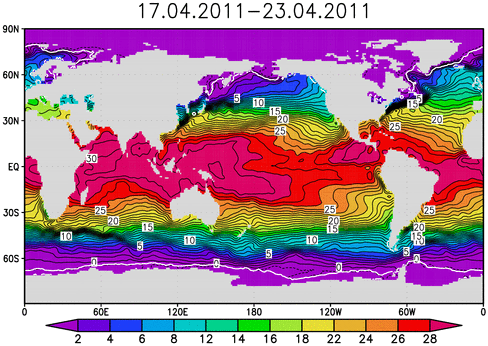 Поле средней температуры поверхности океана за неделю 