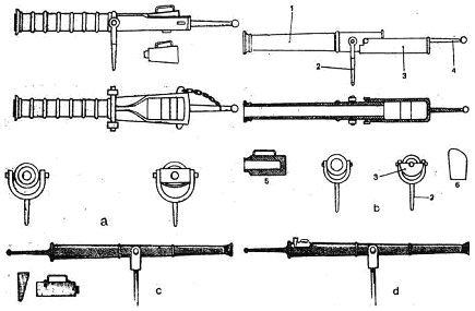 Судовые орудия 14-16 веков: а - судовая бомбардель 14-15в., б - камнемет с казенником, 16 век, с - мушкет, d - мушкет с казенником