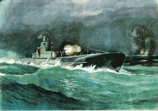 Подводная лодка К - 21 ведет бой с фашистским противолодочным кораблем, Баренцево море, пролив Бест-Сунн. 1941 год