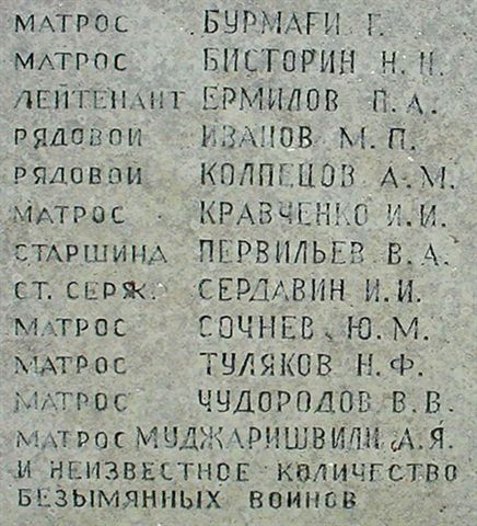 Фамилии похороненных погибших моряков с эсминца Карл Маркс в п.Локса, бухта Хара-Лахт, Эстония